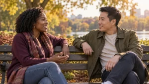 Two fictional adults talking together on a park bench in autumn light