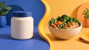 Clay-style unbranded jar and meal objects in ultramarine and marigold