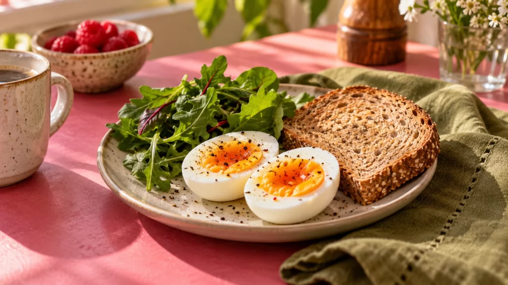 Eggs and other breakfast foods on a raspberry and olive table setting