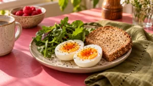 Eggs and other breakfast foods on a raspberry and olive table setting