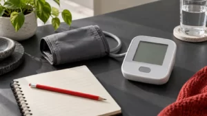 A red blood-pressure cuff beside an unbranded monitor with a blank screen