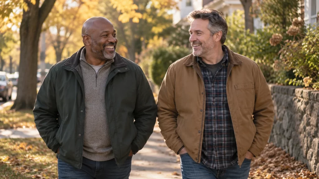 Two fictional men walking outside in spruce and amber tones