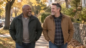 Two fictional men walking outside in spruce and amber tones