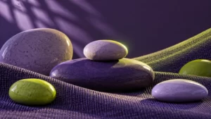 Violet ceramic pebbles and lime surfaces in an abstract still life