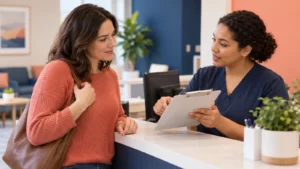 Two fictional women having a conversation at an unbranded reception desk
