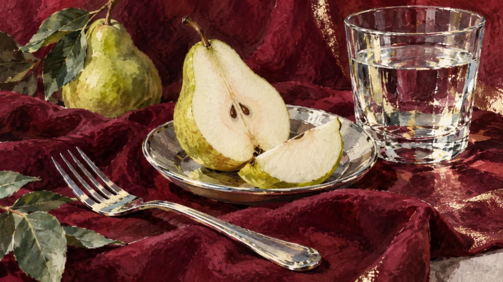 A pear beside silver cutlery in a burgundy gouache still life