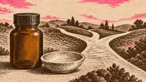 Woodcut-style unbranded bottle and dish beside branching paths in sepia and pink