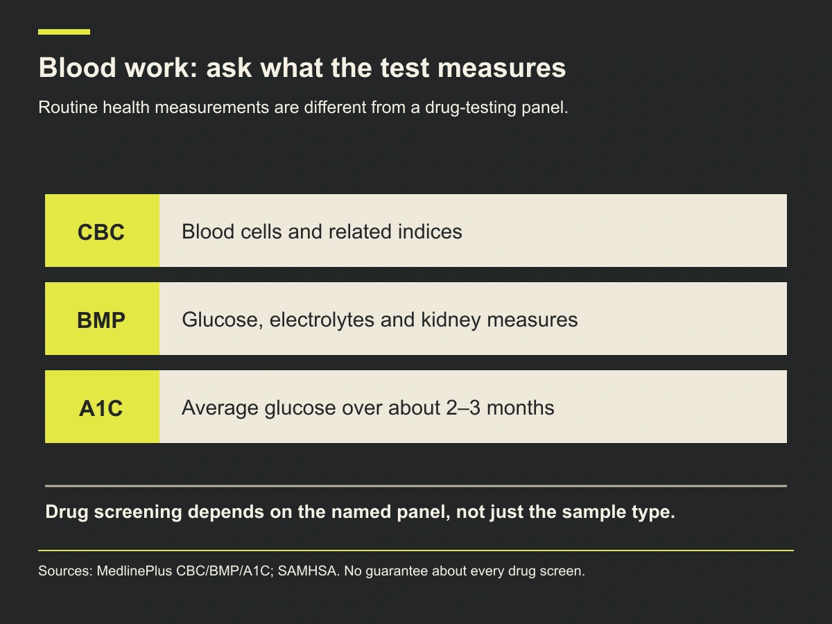 CBC measures cells, BMP measures chemistry and A1C measures average glucose; drug screens depend on the ordered panel.