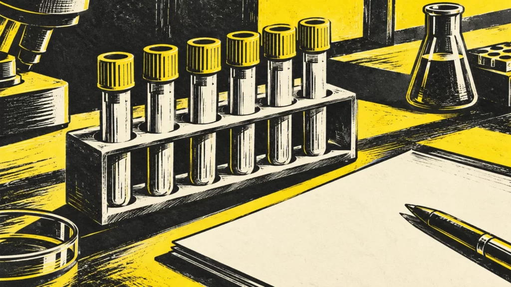 Linocut-style laboratory objects in charcoal, ivory and yellow