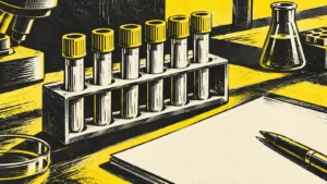 Linocut-style laboratory objects in charcoal, ivory and yellow