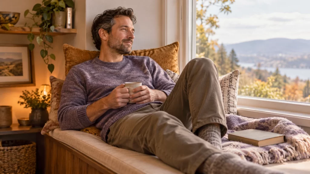A fictional man resting beside a window in ochre and lavender light