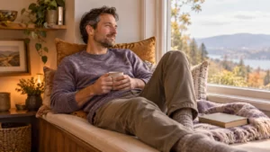 A fictional man resting beside a window in ochre and lavender light