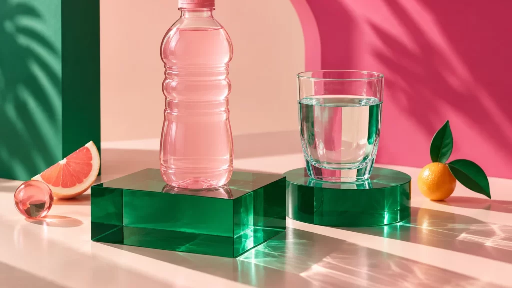 Unbranded pink drink bottle and clear water glass on emerald geometric platforms.
