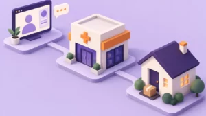 Lavender and orange isometric telehealth screen, pharmacy building and home linked as an access process.