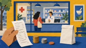 Cut-paper pharmacy window scene with a plain prescription bag, abstract receipt and coins in yellow and cobalt.