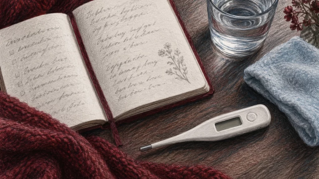 Colored-pencil thermometer, symptom journal, folded cloth and water glass in burgundy and pale blue.