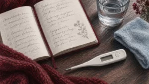 Colored-pencil thermometer, symptom journal, folded cloth and water glass in burgundy and pale blue.