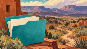 Gouache New Mexico desert landscape with a turquoise folder and cream benefit papers.