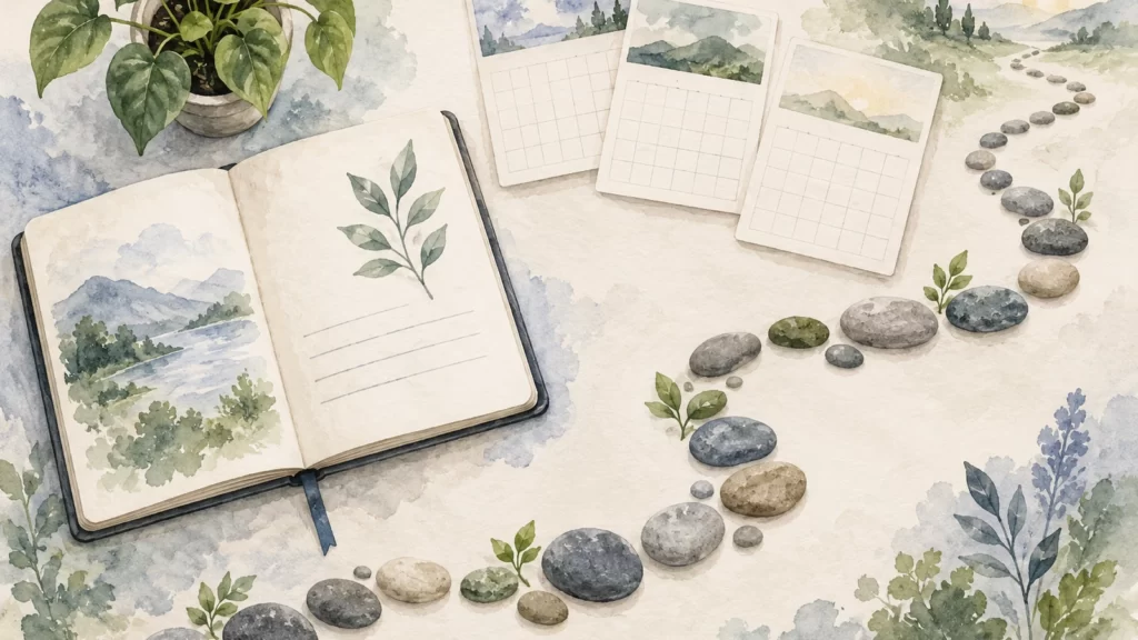 Airy periwinkle and moss watercolor journal, blank calendar cards and curved stone path.