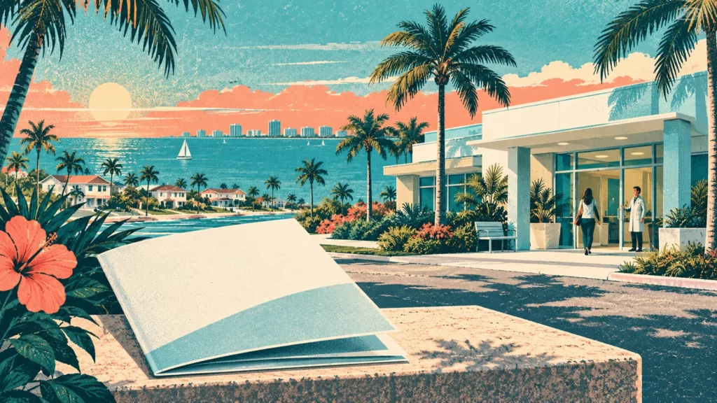 Teal and coral screen-print coastal neighborhood with palms, fictional clinic and blank benefit booklet.