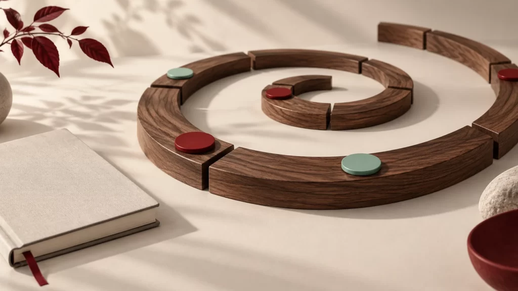 Walnut spiral segments with crimson and seafoam markers beside an unmarked notebook.