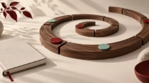 Walnut spiral segments with crimson and seafoam markers beside an unmarked notebook.