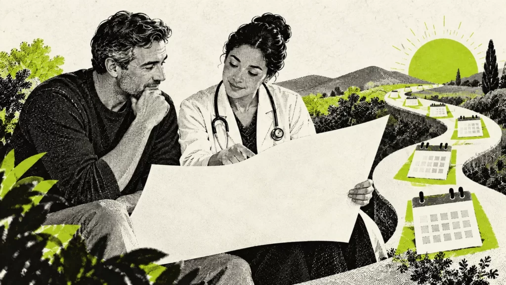 Black-and-white halftone illustration of a fictional adult and clinician beside a blank chart and chartreuse calendar path.