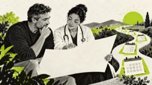 Black-and-white halftone illustration of a fictional adult and clinician beside a blank chart and chartreuse calendar path.