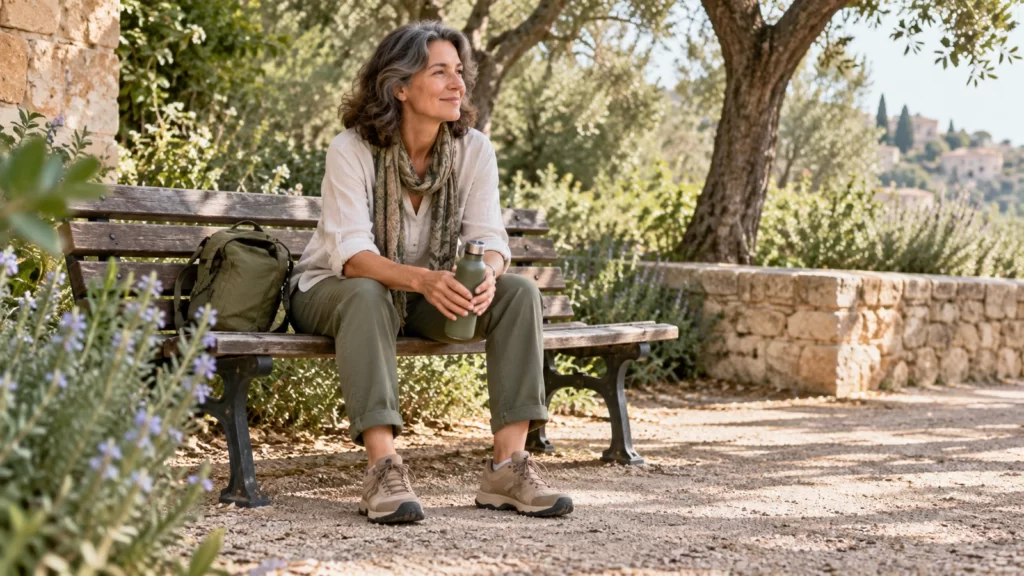 Fictional adult resting on a garden bench in olive trousers and tan walking shoes.
