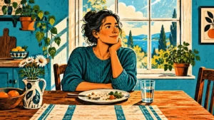 Cyan and burnt-orange linocut-style illustration of a fictional adult seated upright after a meal.