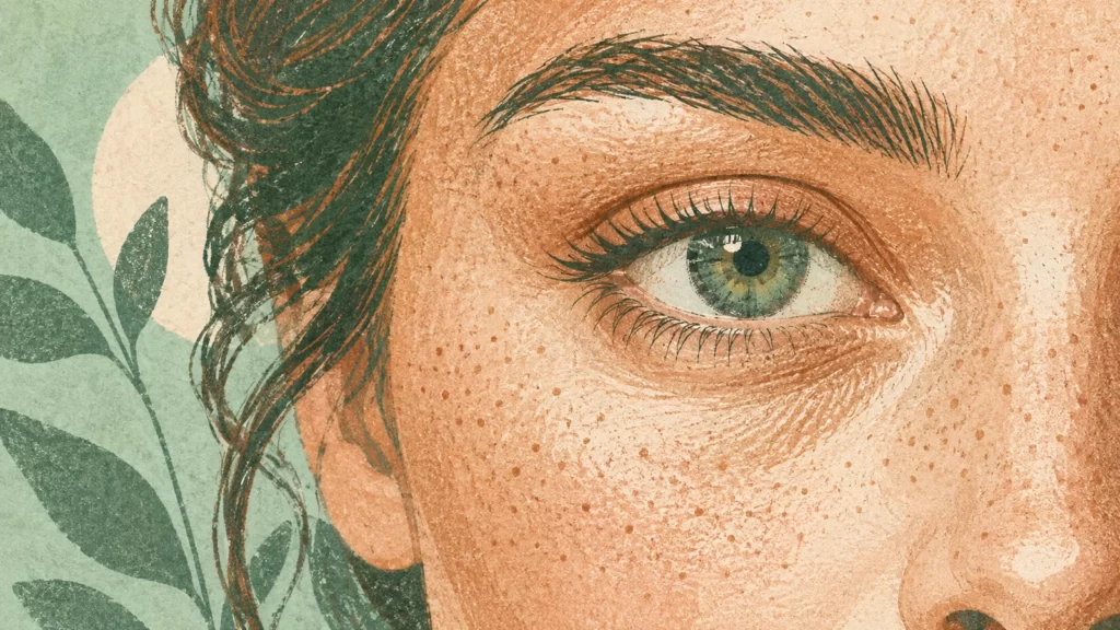 Copper and mint risograph-style detail of a fictional adult eye, eyebrow and natural cheek skin.