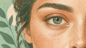 Copper and mint risograph-style detail of a fictional adult eye, eyebrow and natural cheek skin.