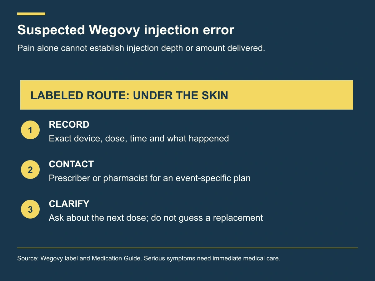 Wegovy injection is labeled for under-skin use; record a suspected error, contact the care team, and ask about the next dose.