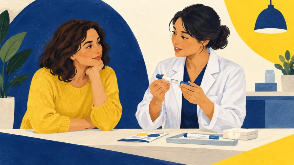 Navy and yellow gouache illustration of a fictional clinician holding a closed demonstration pen during a device discussion.