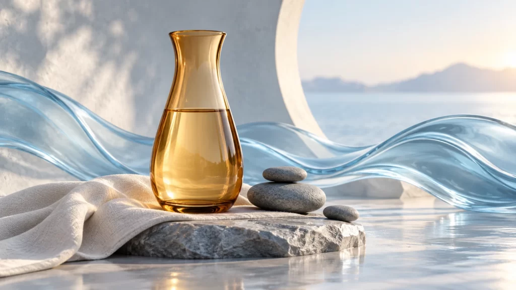 Amber glass carafe beside translucent blue waves, slate pebbles and linen.