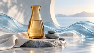 Amber glass carafe beside translucent blue waves, slate pebbles and linen.