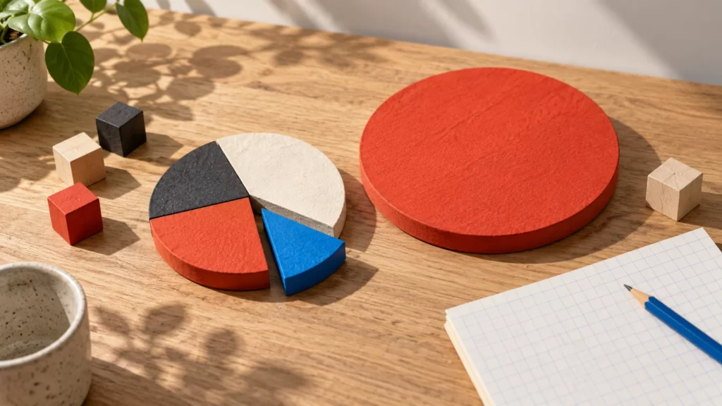 Vermilion and charcoal segmented paper circles beside blocks and blank graph paper.