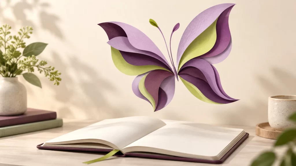 Layered plum and lilac paper butterfly form above an open blank notebook.
