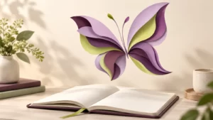Layered plum and lilac paper butterfly form above an open blank notebook.