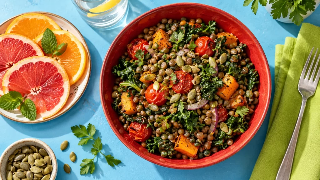 Lentil bowl, citrus and a lime napkin on a sky-blue table.