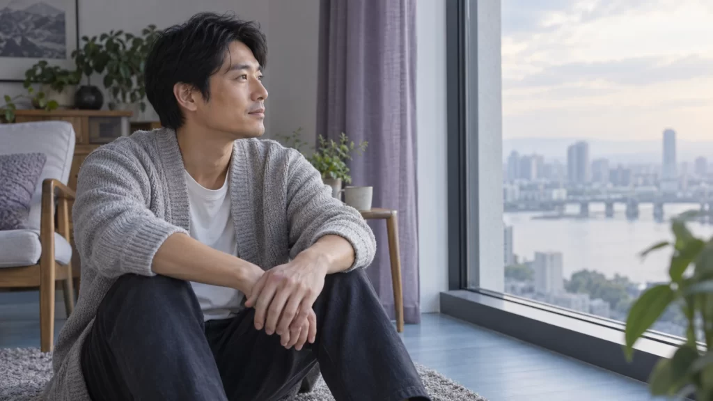 Man sitting by a window in soft silver and violet light.