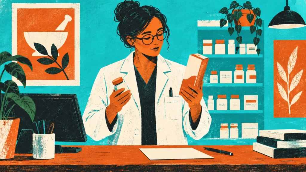 Illustrated pharmacist reviewing two different closed medicine packages.