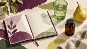 Amber supplement bottle, plum journal, water glass and pear in a paper collage.