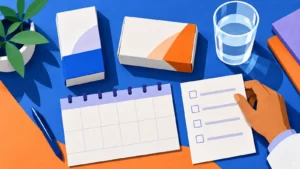 Closed medicine cartons, water and a blank medication list in a cobalt paper illustration.