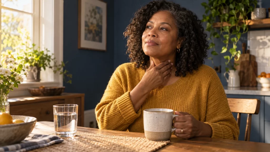 Woman holding tea at a kitchen table in indigo and gold light.