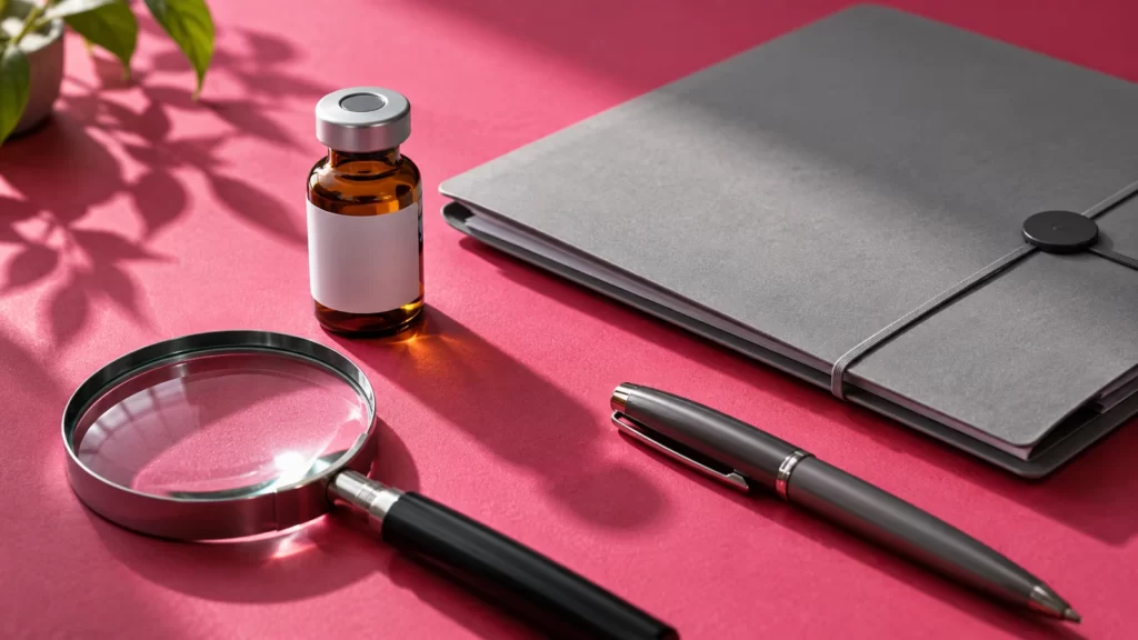 Closed amber vial and gray instruction folder on a raspberry surface.