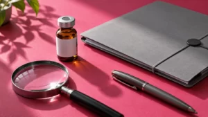 Closed amber vial and gray instruction folder on a raspberry surface.