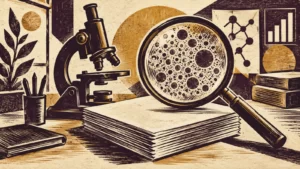 Microscope, research papers and a large magnifier in an ochre woodcut illustration.