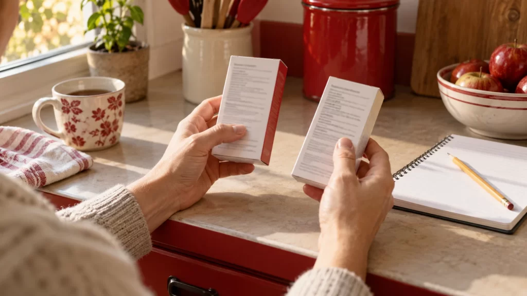 Hands comparing unreadable panels on two medicine cartons.