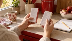 Hands comparing unreadable panels on two medicine cartons.